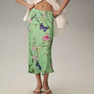 Anthropologie Green Floral Butterfly Bias Slip Skirt M